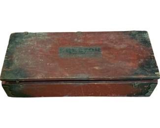 1228 - Vtg Erector Set in Wood Box 6"x29"x10.5" (Description): Vintage Erector Set housed in its original wooden storage box. The box features a weathered red and green painted finish with visible wear and patina consistent with age and use. The hinged lid opens to reveal the interior compartment. The box bears stenciled lettering reading "Erector" on the front panel. Measures 6 inches by 29 inches by 10.5 inches.