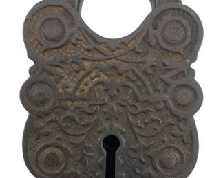 675 - Vtg Cast Iron Padlock w/o Key 4"x2.25" (Description): Vintage cast iron padlock without key. Features ornate decorative embossed design on the face. Measures 4 inches by 2.25 inches.