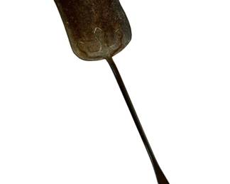 53 - Antique Hand Forged Fire Shovel (Description): Fireplace shovel featuring a shield-shaped scoop with decorative scrollwork details. The long handle has a twisted center section and terminates in a ball finial, characteristic of early American or Colonial-era craftsmanship. The piece displays a rich, dark patina consistent with age and use. Measures 23" x 5".