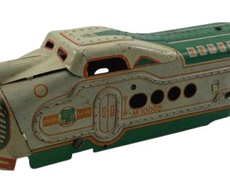 885 - Marx Tin Litho Locomotive 3"x8"x2" (Description): Marx tin lithographed locomotive toy featuring Union Pacific M-10005 streamliner design. The vintage piece displays cream and green coloring with orange accent detailing, depicting the iconic Art Deco styling of the 1930s streamlined trains. Features characteristic porthole windows along the side and the Union Pacific shield logo. Measures 3 inches high by 8 inches long by 2 inches wide.