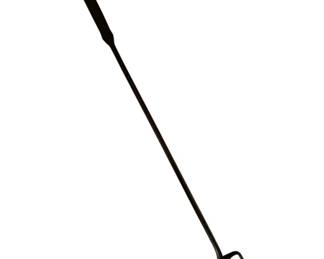 50 - Hand Forged Ant. Wrought Iron Pitchfork (Description): Hand forged antique wrought iron fork tool featuring four curved tines and a long handle with a hanging loop at the top. This utilitarian farm tool displays the characteristic dark patina and hand-worked construction typical of early American blacksmith work. Measures 39 inches in length and 4.25 inches wide at the tines.