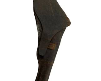 726 - Leather Gun Holster 13"x5.5" (Description): Leather gun holster with a classic design, showing signs of age and use consistent with vintage leather goods. The holster features a flap closure with a strap for securing the firearm. Measures 13 inches by 5.5 inches.