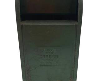 372 - Vtg Crown Toys Metal Mail Bank 6"x3"x3" (Description): Vintage metal mail bank by Crown Toys. This novelty bank is designed to resemble a classic postal collection box, featuring embossed text reading "Save for Defense and Security" on the front and "Open Here" near the mail slot. Finished in traditional postal green paint. Measures 6 inches tall by 3 inches wide by 3 inches deep.