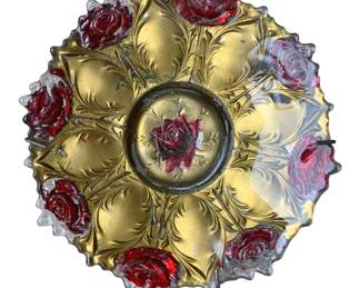 186 - Vintage Goofus glass scalloped bowl 6" (Description): Vintage Goofus glass scalloped bowl featuring red and gold decoration.