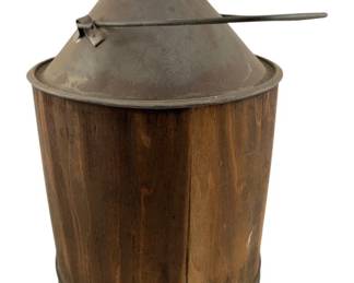 749 - Vintage Wood-Wrapped Kero-Can 11"x7" (Description): Vintage wood-wrapped kerosene can featuring a cylindrical wooden body with metal conical top and spout. Measures 11 inches by 7 inches.