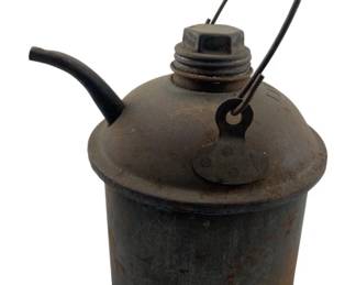 238 - Vintage Train Track Oil Can 10"x6"x8" (Description): Vintage train track oil can featuring a wire bail handle, spout, and screw-on cap. Measures 10 inches by 6 inches by 8 inches.