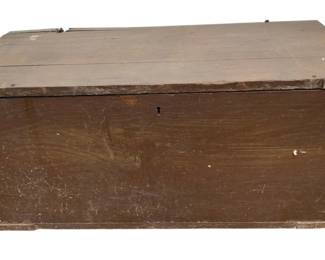 403 - Antique Wooden Chest 15"x33"x15" (Description): Antique wooden chest featuring a hinged lid with a keyhole lock on the front panel. The chest shows authentic age-related wear consistent with its antique status. Measures 15 inches high by 33 inches wide by 15 inches deep.