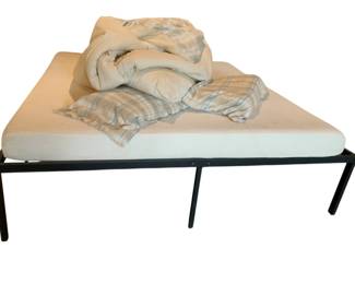 161 - King Size Platform Bed w/ Mattress & Bedding (Description): King size platform bed with mattress and bedding. Features a minimalist black metal frame with clean modern lines supporting a foam mattress. Includes bedding. Measures 24" x 78" x 82".