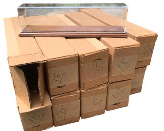 418 - Group Lot of Display Cases for Trains (Description): Group lot of ten display cases designed for trains. Each case features a wood-tone base with a clear acrylic cover, ideal for showcasing model trains or similar collectibles. Each case measures 4 1/2 inches by 16 inches by 4 inches.