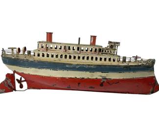 670 - Vtg German Wind-up Ocean Liner Toy Boat (Description): Vintage German wind-up ocean liner toy boat featuring painted tin construction with twin smokestacks and propeller mechanism. Measures 6 inches high by 17 inches long by 4 inches wide.