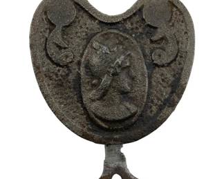 662 - Antique Padlock w/Key 2"x1.5" (Description): Antique padlock with key. The padlock features decorative cast iron construction with an oval shape and ornate scrollwork design surrounding a central medallion. Measures 2 inches by 1.5 inches.