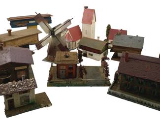 376 - Group Lot of Model Train Houses w/ Windmill (Description): Group lot of model train houses with windmill. This collection features multiple miniature buildings suitable for model train layouts, including various house styles and a windmill structure.