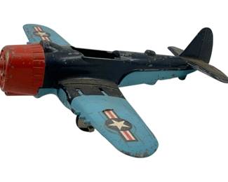 950 - Hubley Kiddie Toy Plane 3.5"x11"x9.5" (Description): Hubley Kiddie Toy plane featuring vintage military styling. This die-cast toy airplane measures 3.5 inches high by 11 inches long by 9.5 inches wide.