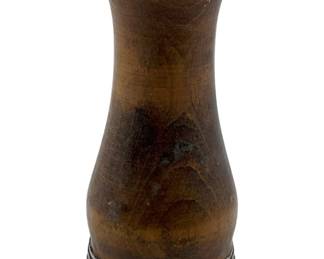 112 - Vtg Japanese Wood Silver Plated Salt Shaker (Description): Vintage Japanese wood salt shaker with silver plated metal accents. The turned wooden body features a warm brown patina and hourglass shape. Decorative silver plated bands adorn the base and lid, featuring ornate floral and scrollwork designs. Measures 6 inches tall.