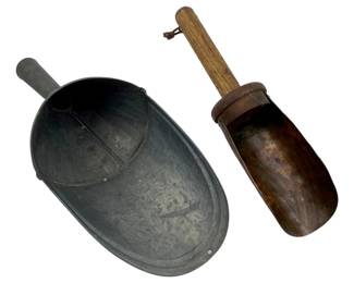 125 - Group of 2 Vtg Scoops Metal & Wood 10" (Description): Group of two vintage scoops measuring 10 inches. The collection includes a galvanized metal coal scuttle with a triangular handle and hinged lid, alongside a rustic wooden grain or feed scoop with a rounded bowl and turned handle. Both pieces display authentic patina consistent with age and use.
