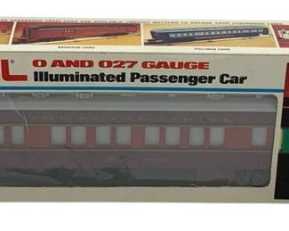 845 - Lionel Chicago Passenger Car O Scale in Box (Description): Lionel Chicago Passenger Car in O and O27 gauge. This illuminated passenger car features The Alton Limited livery in a distinctive maroon and cream color scheme. The car comes in its original Lionel box with product imagery showing various passenger car options available in the series.