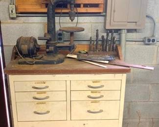 1320 - Vintage Cast Iron Industrial Drill Press w/ (Description): Metal Cabinet & Contents - 38 x 27.5 x 28 Used as is electric/electronic/mechanical item. No guarantee all components, untested.