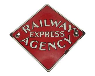 835 - Vtg Railway Express Agency Porcelain Sign (Description): Vintage Railway Express Agency porcelain metal sign featuring the classic red and white diamond-shaped design with white lettering and border. The sign displays characteristic wear consistent with age, including enamel chips and mounting holes at the corners. Measures 8" x 5".