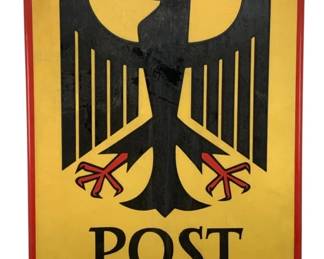 826 - German Post Office Porcelain Metal Sign (Description): German Post Office porcelain metal sign featuring the iconic Bundesadler (Federal Eagle) in black with red beak and talons against a yellow background. The sign has a red border and displays "POST" in black lettering beneath the eagle. Four mounting holes are present at the corners. Measures 16.5" x 10".