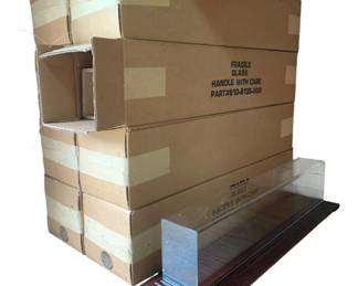 419 - Group Lot of Display Cases for Trains 8 (Description): Group lot of eight display cases designed for trains. Each case measures 8 inches by 8 inches by 34 inches. Cases feature glass construction with wooden bases.