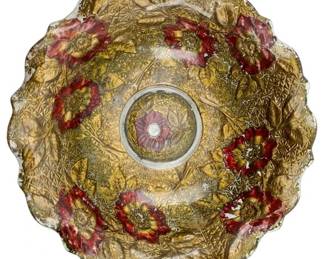 85 - Vtg Goofus Glass Scalloped Bowl Red & Gold (Description): Vintage Goofus glass scalloped bowl featuring red and gold decoration. Measures 2.75 inches tall by 9 inches in diameter.