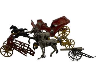 1155 - Vtg Cast Iron Horse Drawn Toy Vehicles AS IS (Description): Lot of vintage cast iron horse drawn toy vehicles and figures sold as is. The collection includes painted horse figures in silver and black, a red horse-drawn carriage or wagon with yellow spoke wheels, a red ladder wagon, and a wheeled cannon. Various pieces show wear consistent with age and play. Measures approximately 13 inches for the largest piece.