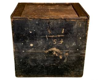 1135 - Antique Primitive Wood Crate 16"x13"x16.75" (Description): Featuring a black painted exterior with natural wood sliding lid top. The piece shows significant age-appropriate wear with paint loss and patina throughout, giving it authentic rustic character. Measures 16 inches by 13 inches by 16.75 inches.