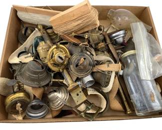 789 - Group Lot Brass Oil Lamp Parts & Accessories (Description): Group lot of brass accessories and parts for oil lamps. This collection includes various components and hardware suitable for oil lamp repair, restoration, or assembly.