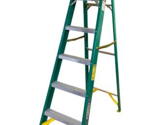 1151 - Werner 6ft Fiberglass Step Ladder 250lb (Description): Werner 6-foot fiberglass step ladder with a 250-pound weight capacity. This A-frame ladder features a green fiberglass frame with yellow non-slip feet and a yellow molded top with tool tray. The ladder has aluminum steps and includes a fold-down pail shelf for convenience.
