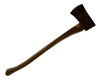 41 - Wooden Handle Craftsman Axe 27"x6.5" (Description): Craftsman axe featuring a dark steel head mounted on a curved wooden handle. The handle displays a natural wood grain with a weathered patina consistent with vintage use. The axe head shows a traditional single-bit design. Measures 27" x 6.5".