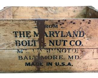363 - Maryland Bolt & Nut Co. Wooden Box (Description): Vintage wooden shipping crate from The Maryland Bolt & Nut Co., Mt. Washington, Baltimore, MD. Made in U.S.A. Measures 10 1/2" x 23" x 15".