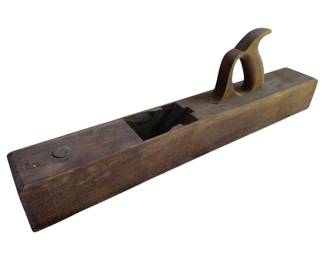 770 - Vintage Wood Block Plane 8"x23"x3" (Description): Vintage wood block plane featuring a traditional wooden body with integrated handle. This hand tool was designed for smoothing and shaping wood surfaces. Measures 8 inches wide by 23 inches long by 3 inches tall.