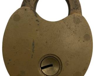 692 - W. Bohannan Brass Padlock w/o Key 2.5"x2" (Description): Antique W. Bohannan brass padlock without key, marked "W. Bohannan Brooklyn N.Y." on the shackle. This vintage padlock features a heart-shaped body with a central keyhole and shows natural patina consistent with age. Measures 2 1/2" x 2".