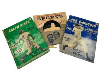 717 - Group Lot of Antique Sports Memorabilia (Description): A group lot of antique sports memorabilia featuring vintage baseball-related items. The collection includes books and publications celebrating notable players and moments in sports history.