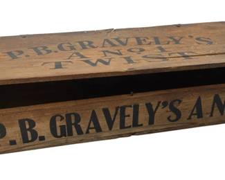 427 - P.B. Gravely's Danville VA Tobacco Box (Description): P.B. Gravely's Danville VA wooden box. The top is damaged. P.B. Gravely was a noted tobacco manufacturer based in Danville, Virginia, known for their twist tobacco products.