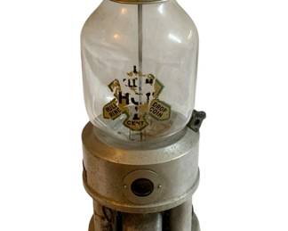 1044 - Sanitays Vaulted Gumball Machine (Description): Sanitays vaulted gumball machine featuring a glass globe container atop a metal base with coin mechanism. This vintage penny vending machine displays the classic design typical of early commercial candy dispensers. Used as is electric/electronic/mechanical item. No guarantee all components, untested.
