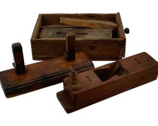 1008 - Antique Wood Planes & Box Attachments (Description): Two antique wood planes accompanied by box attachments. These traditional woodworking tools feature wooden construction and represent classic hand plane craftsmanship.
