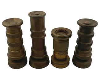 904 - 4pc Lot Vintage Brass Garden Hose Nozzles 7" (Description): Collection of four vintage brass garden hose nozzles featuring knurled grip bands for easy handling. The nozzles display a lovely aged patina consistent with their age and use. One nozzle is marked with "OPEN" directional indicator. Various styles represented, all with threaded bases for standard hose connections. Tallest measures 7 inches.