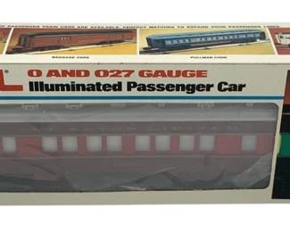 852 - Lionel Chicago Observation Car O Scale (Description): Lionel Chicago Observation Car in O and 027 gauge. This illuminated passenger car features a maroon and cream color scheme and comes in its original Lionel box. The packaging indicates it is designed for ages 8 to adult.