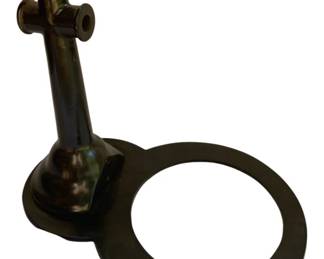 810 - Cast Iron Stand 14"x16"x11" (Description): Cast iron stand featuring a cross-shaped handle mounted on a pedestal base with an attached circular ring. Measures 14 inches by 16 inches by 11 inches.