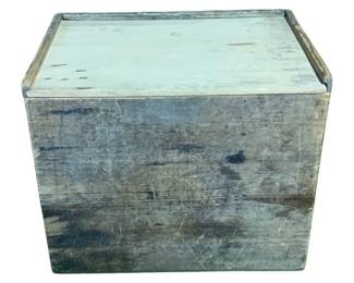 1137 - Vintage Wooden Storage Box 12"x14.5"x10.5" (Description): Vintage wooden storage box with a weathered, rustic patina showing natural age and wear. The box features dovetail-style construction with a sliding or removable lid. The wood has developed an aged finish characteristic of antique wooden pieces. Measures 12" x 14.5" x 10.5".