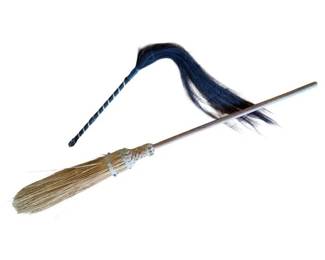 46 - Vtg Straw Hearth Broom & Horsehair Fly Whisk (Description): Group lot of two items: a vintage straw hearth broom with woven binding and wooden handle, and a horsehair fly whisk with wrapped leather handle and dark flowing horsehair tassel. The broom features natural straw bristles with decorative woven detail at the neck. Measures approximately 46 inches.
