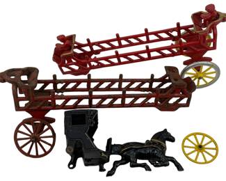 960 - Lot Cast Iron Horse/Buggy Parts 11.5"x5"x3.5" (Description): A lot of cast iron horse and buggy parts. The assortment includes various components from horse-drawn vehicle toys, featuring red painted ladder wagon pieces with figures, a black painted enclosed carriage body, black horse figures, and yellow spokewheels. Measures 11.5 inches by 5 inches by 3.5 inches.