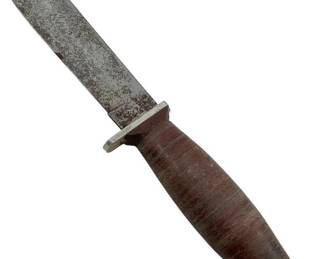 603 - Shrade-Walden Knife 9.5" (Description): Shrade-Walden knife featuring a leather stacked handle with metal guard and pommel. The blade shows age-appropriate patina. Measures 9.5 inches overall length.