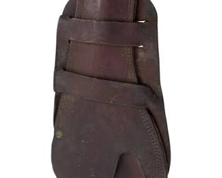 690 - Vtg Brown Leather Gun Holster 11"x5.25" (Description): Vintage brown leather gun holster featuring a wraparound strap closure design with decorative perforated detailing along the lower edge. The holster shows authentic patina and wear consistent with age and use. Measures 11 inches by 5.25 inches.