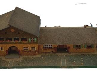 520 - O Scale House 6"x22"x10" (Description): O scale model house with detailed architectural features. Measures 6 inches by 22 inches by 10 inches.