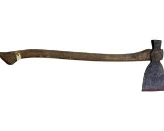 488 - Antique Axe #852 35"x11.25"x6.5" (Description): Antique axe designated #852. This vintage hand tool features a forged iron head mounted on a wooden handle. Measures 35 inches by 11.25 inches by 6.5 inches.