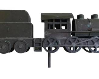 763 - Train Weathervane Top 10"x35"x4" (Description): Featuring a locomotive and tender car design. Measures 10 inches high by 35 inches long by 4 inches deep.