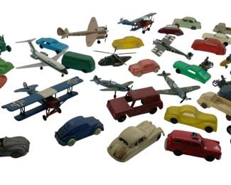365 - Vtg Group Lot of Toy Cars & Planes (Description): A vintage group lot of toy cars and planes. The collection includes various miniature vehicles and aircraft in assorted colors and styles. Measurements: 1" x 1" x 2".