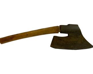 1056 - Antique Axe w/ Wood Handle 24"x7.25"x11" (Description): Antique axe featuring a broad iron head with a distinctive cutout design near the eye. The curved wooden handle shows natural patina and wear consistent with age and use. The axe head displays surface oxidation and aged finish typical of antique tools. Measures 24" x 7.25" x 11".